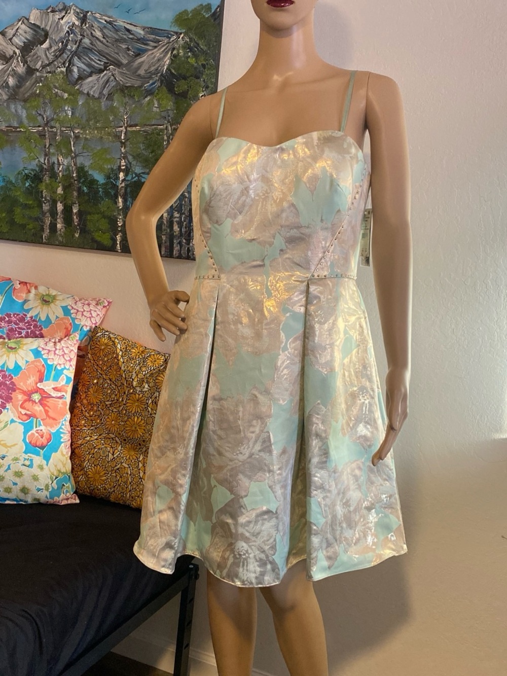 Strapless Sweetheart Floral Dress in Mint and Silver